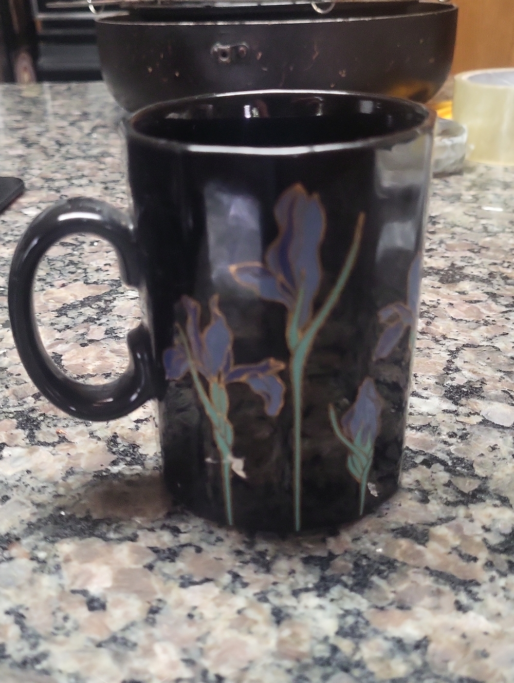 Black Floral Ceramic Coffee Mug -Made in Japan vintage Otogiri good condition